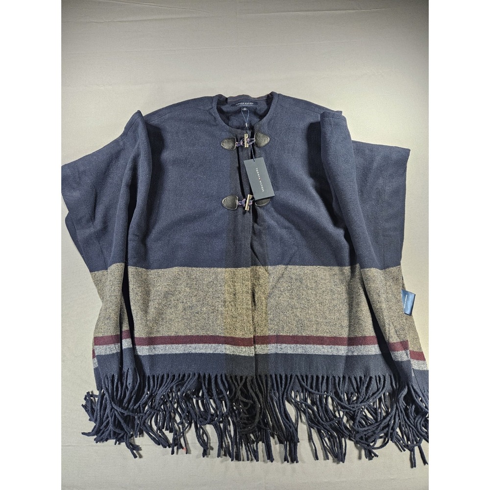 Tommy Hilfiger Poncho Womens Medium M Navy Blue Wool Blend Fringe Toggle NWT New